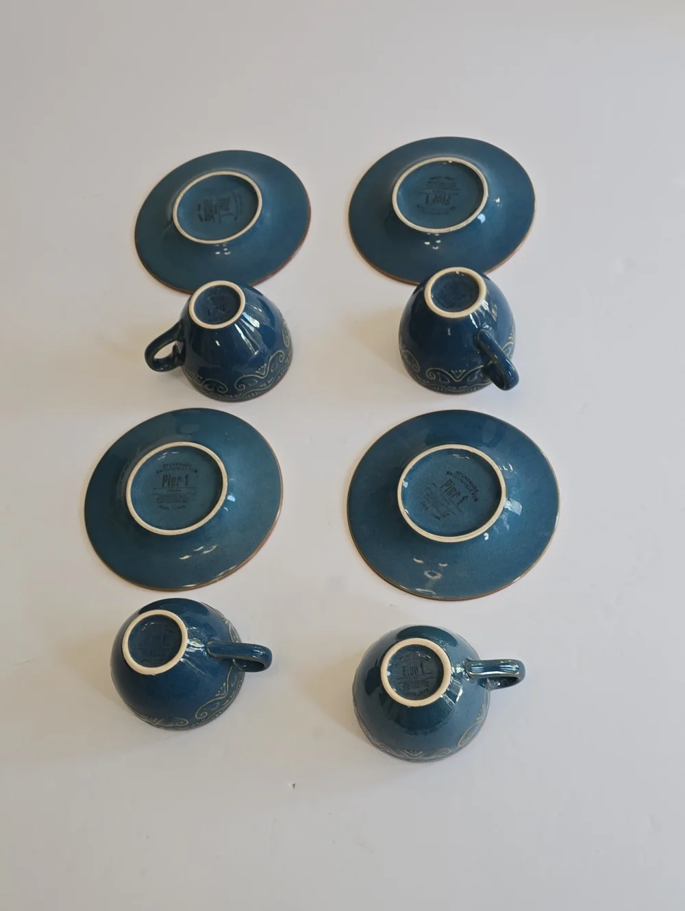 Pier 1 Set Of 4 Tunisia Cups Saucers Stoneware Blue Scroll Pattern Retired